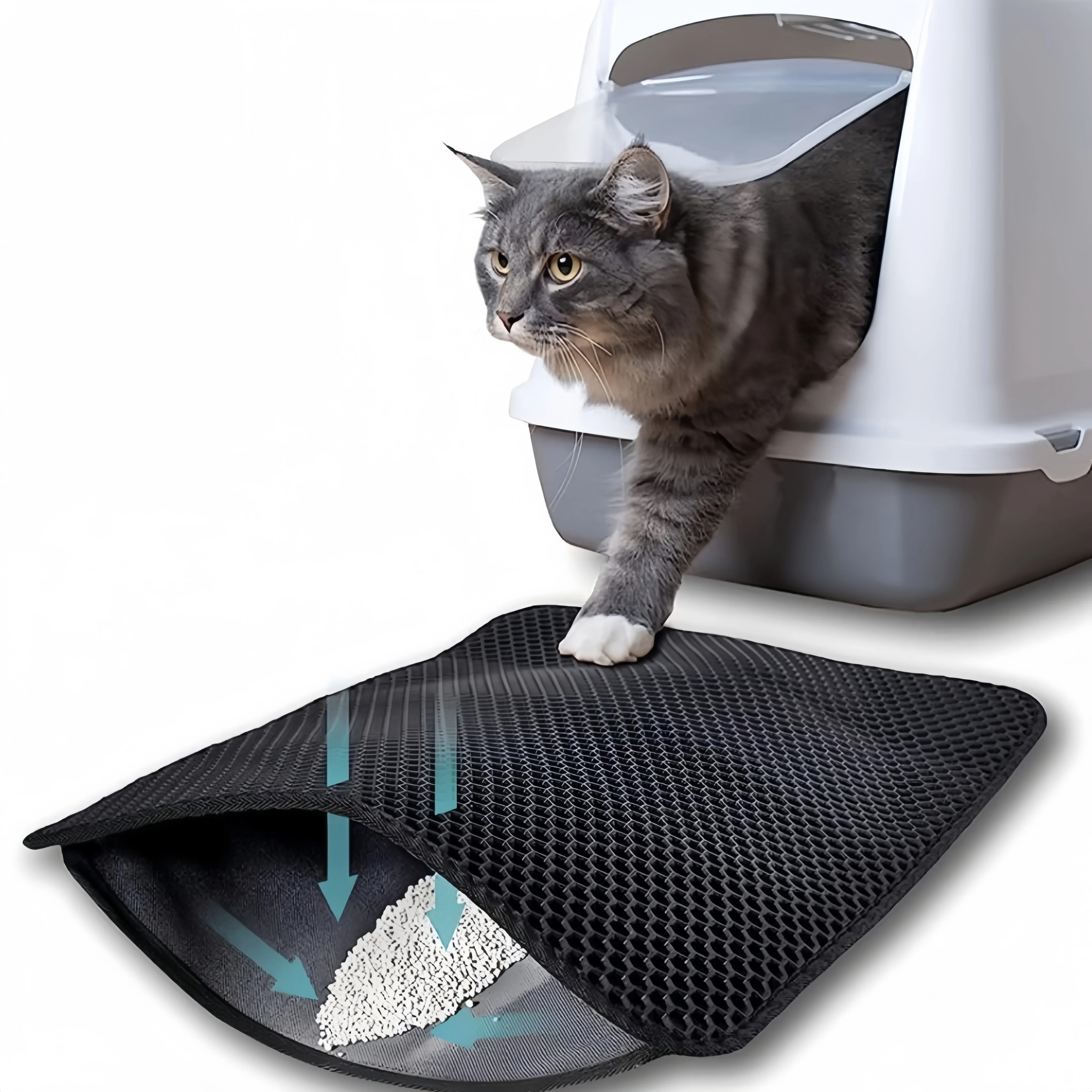 Estera de arena para gatos de gran tamaño, caja de arena impermeable de doble capa, almohadilla antideslizante, lavable, suministros para mascotas 2