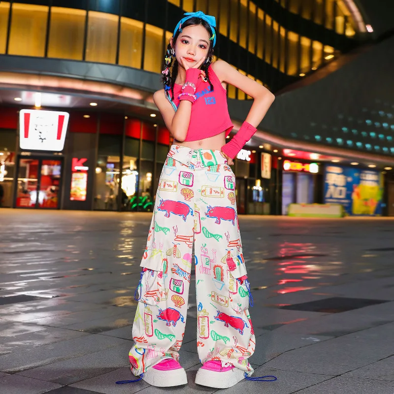 

Kids Hip Hop Clothing Girls Modern Dance Costume Sleeveless Tops Loose Print Pants Teenage Performance Suit Jazz Practice Wear