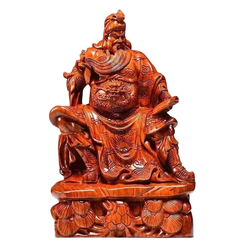 Rosewood Scholar Guan Yu Statue - Chinese Wealth God Sculpture for Home & Office, Reading Pose Feng Shui Decor