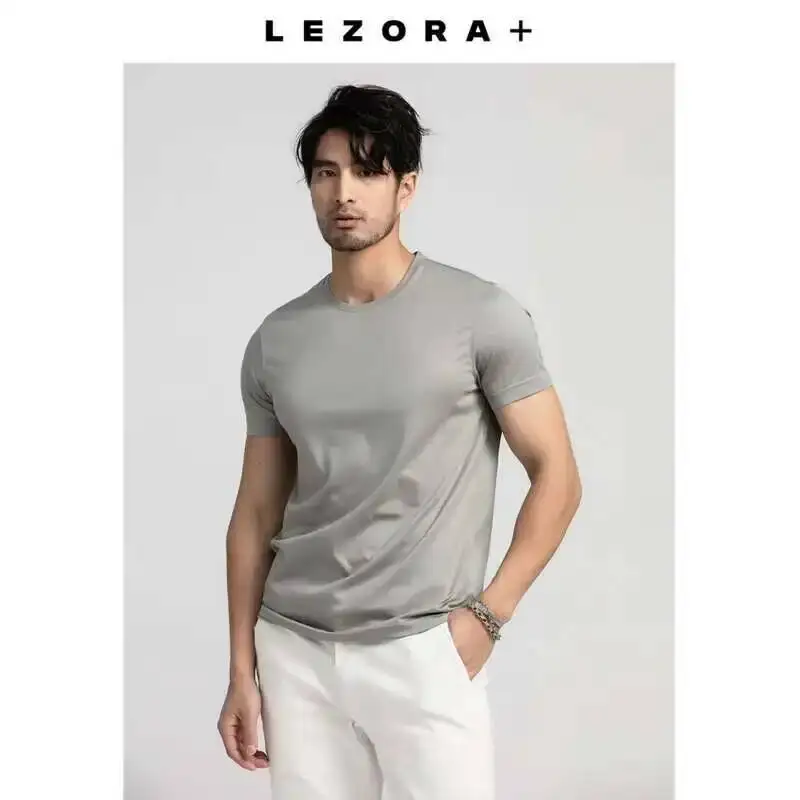 Men T Shirt Summer Mulberry Silk Mercerized Cotton V-neck Loose Short Sleeve 7%Silk