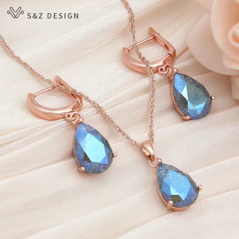 S&Z DESIGN New Fashion Water Drop Crystal 585 Rose Gold Color Dangle Earrings Jewelry Sets For Women Trendy Pendant Necklace
