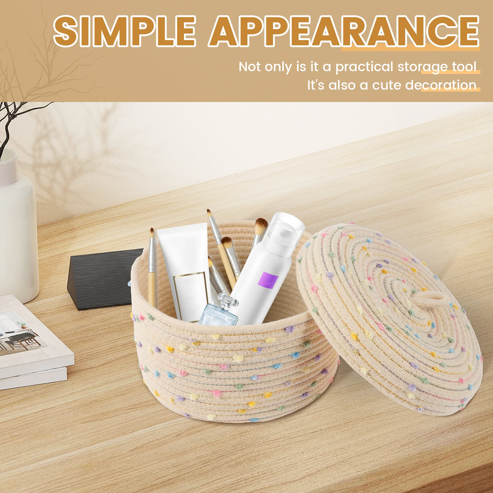2Pcs Round Basket Cotton Rope Storage Basket with Lid Woven Multi-functional Storage Baskets Lidded Round Organizer Box for Home