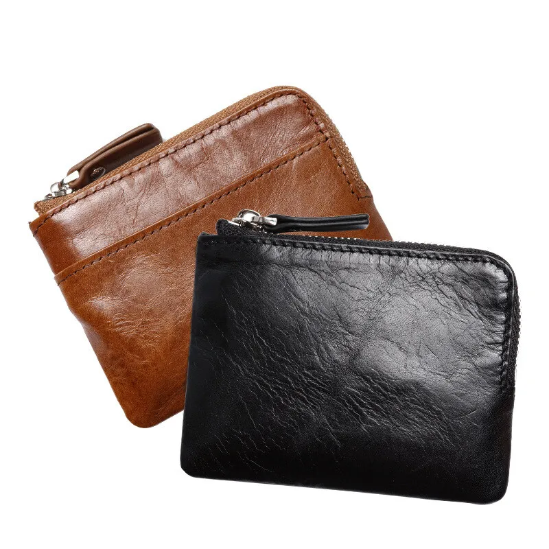 Retro Genuine leather Mens and Women Small Keys Bag Zipper Coin Purse Credit Card Holder Mini Wallet with Key Ring Keychains