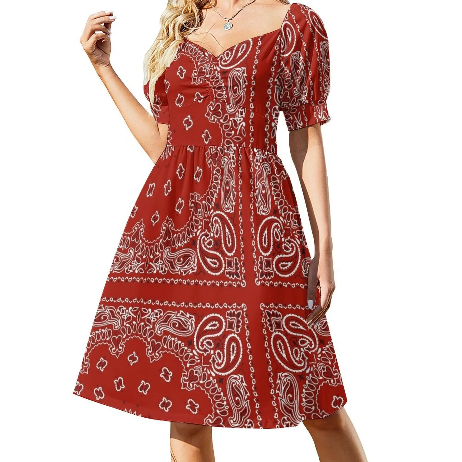 Vestido de manga corta con bandana roja, ropa de mujer, vestidos de playa, vestido