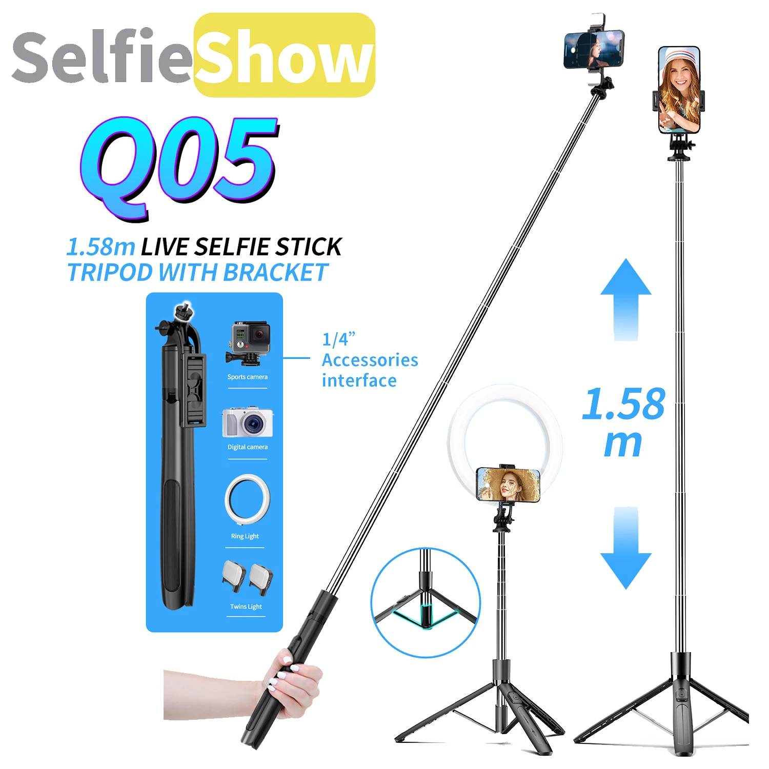 Selfieshow Q05 1580mm 강화 라이브 블루투스 삼각대 셀카 스틱(필 라이..