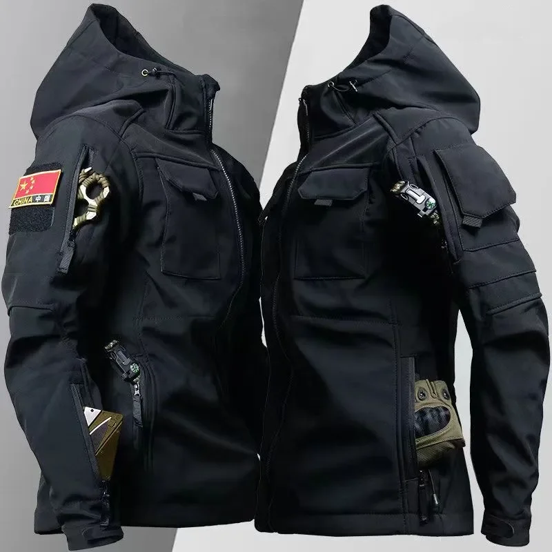 2023 Men\'s Winter Velvet Thickened Outdoor Invader Soft Shell Tactics Windproof and Waterproof Mountaineering Jacket and Pants