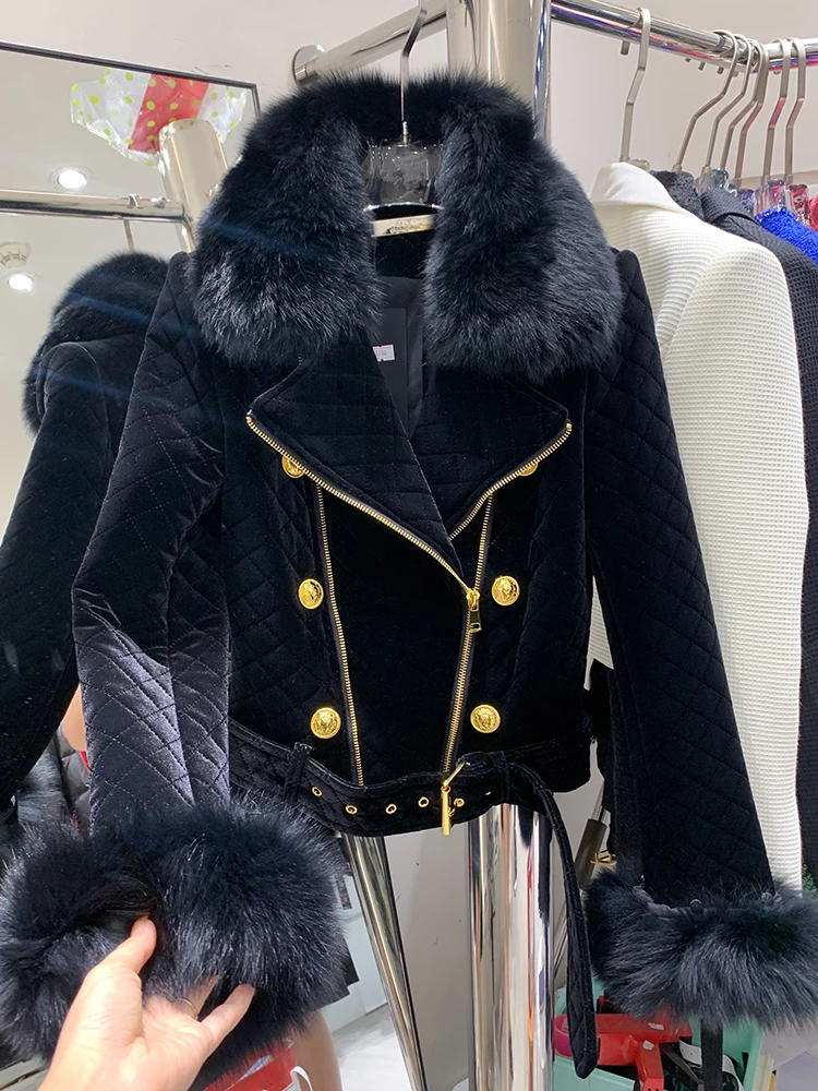 

HIGH STREET New Fashion 2022 Designer Jacket Women's Fox Fur Collar Detachable Velvet Motorcycle Jacket