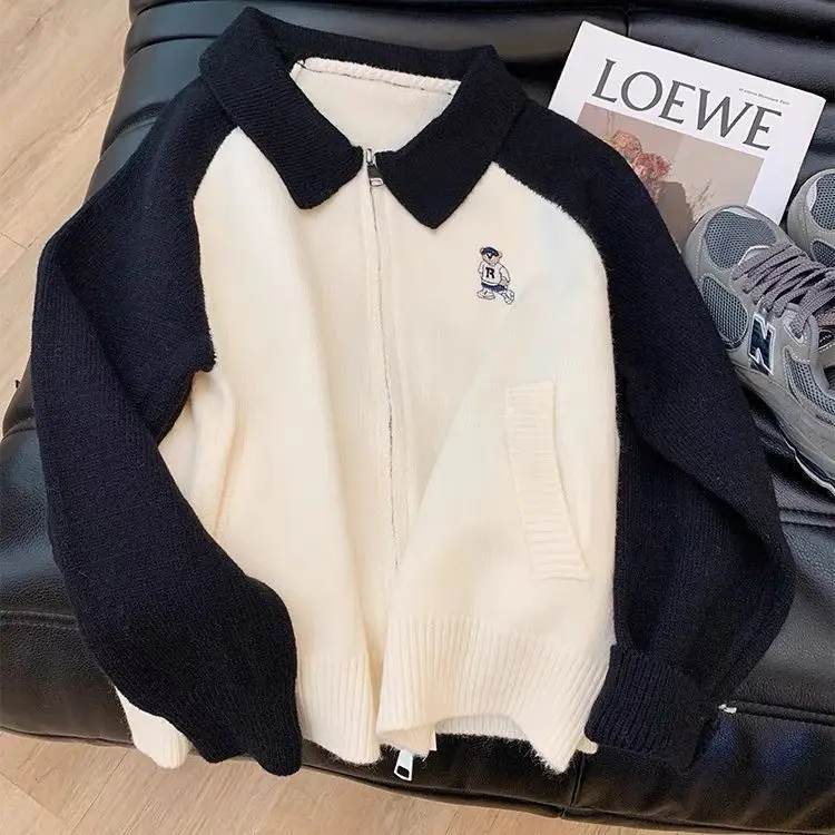 

Hsa Soft Korean Fashion Bear Turn Donw Collar Double Zipper Sweater Knitted Cardigan Women's Autumn and Winter New Knit Coats