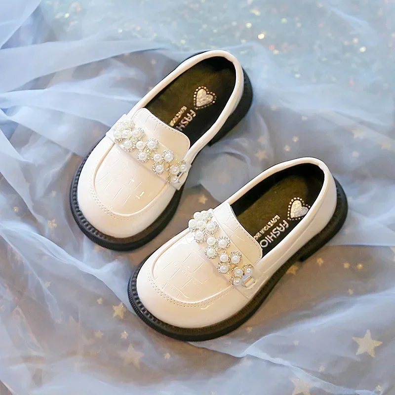Kids PU Leather Shoes Spring Autumn Fashion Girls Pearls Casual Princess Flats Soft Loafers School Student Children Black Beige 3