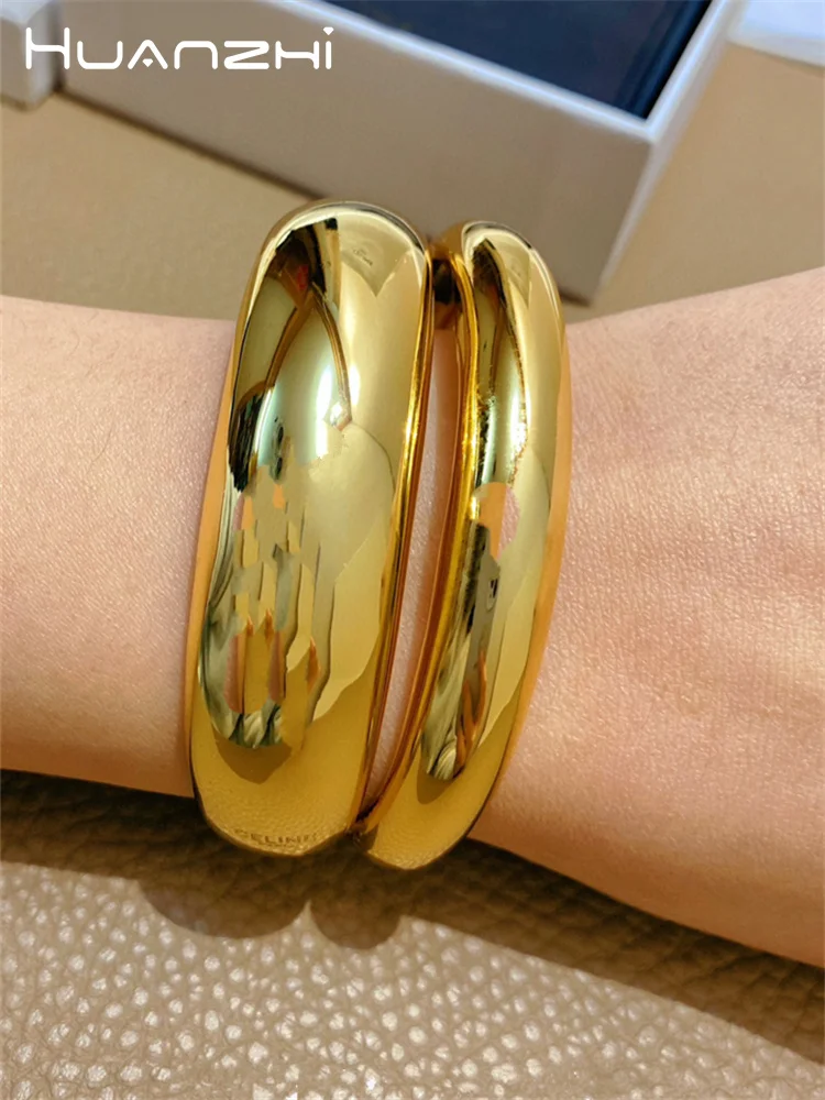 HUANZHI Thick Metal Glossy Double Layer Wide Open Bracelet Bangle for Women Girls Exaggerated Punk Style Fashion Jewelry Gifts