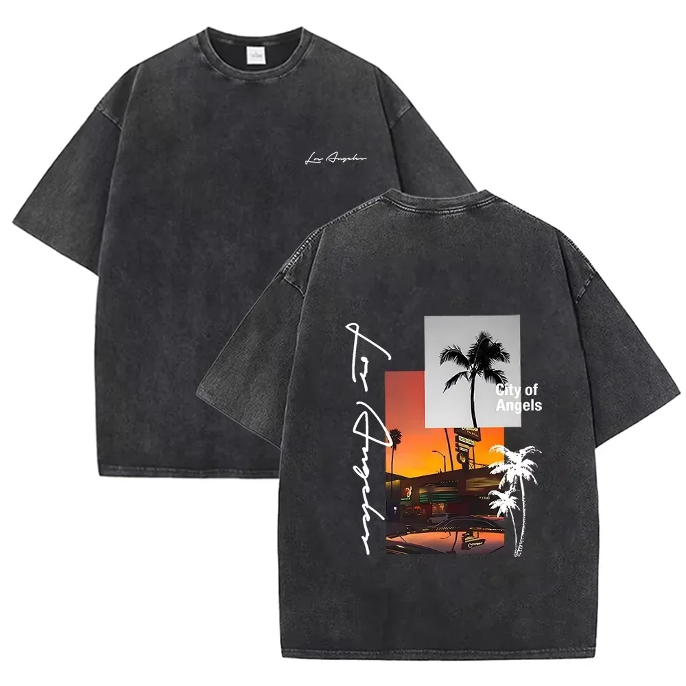 Retro Acid Wash Oversized T-Shirt mit LA City of Angels Kokosnussbaum-Szenerie Grafik auf Vorder- und Rückseite Lässige Oberteile Asiatische Größe