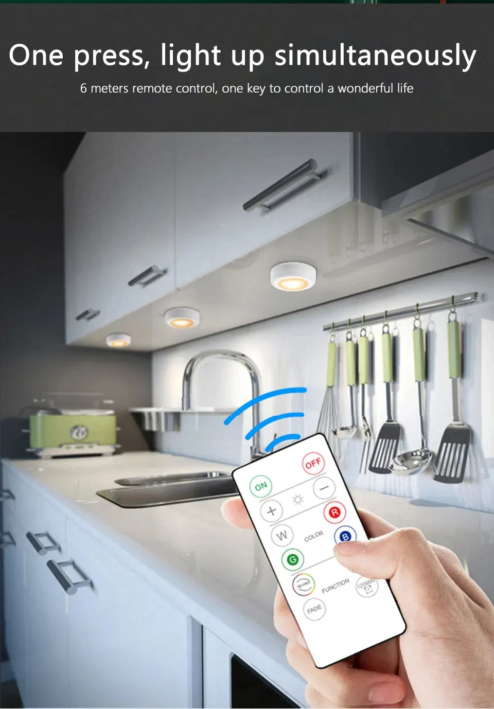 Description Picture 5 of itemLED Under Cabinet Light with Remote Control Wireless RGB Color Changeable Night Lamp for Kitchen Bedroom Wardrobe Closet Counter
