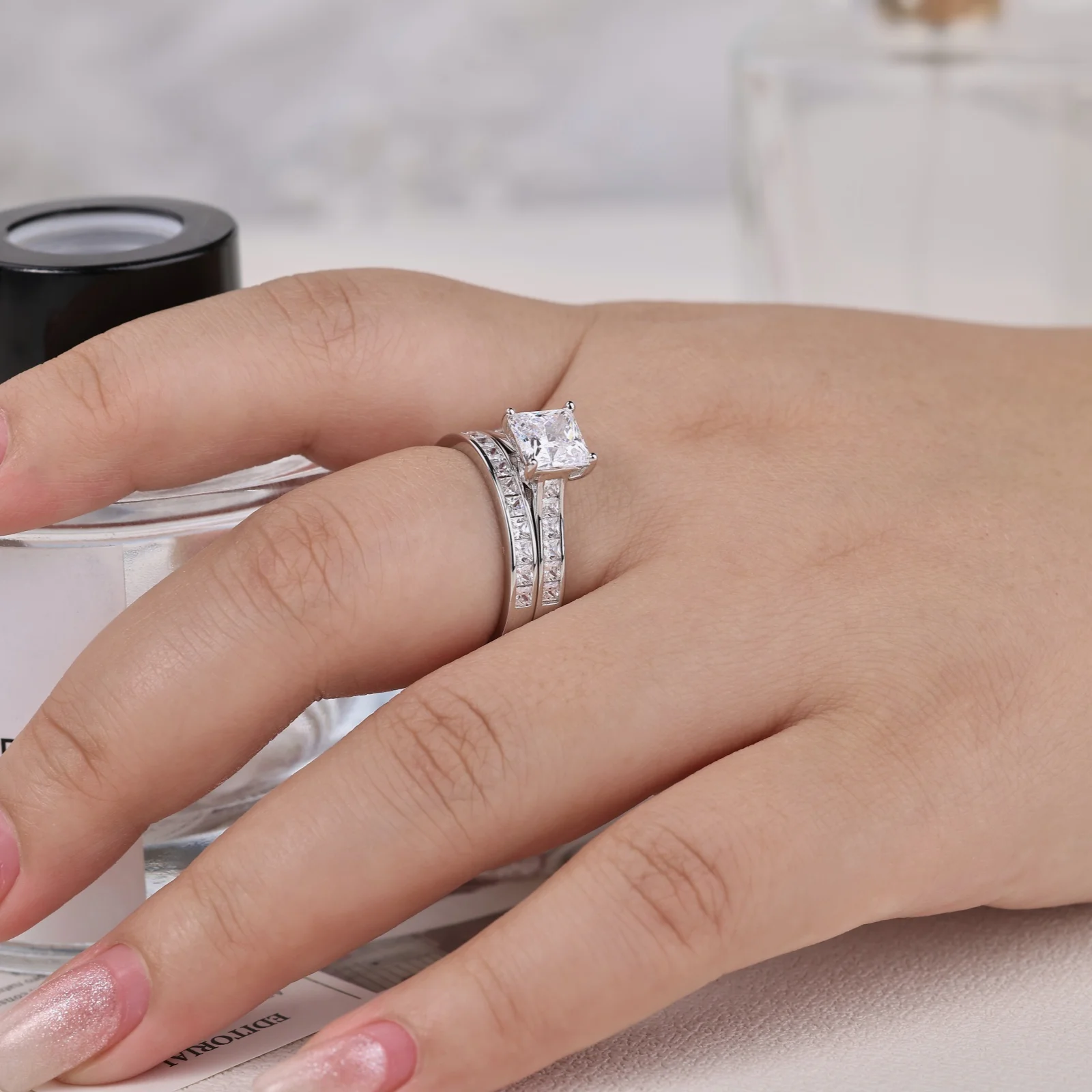 Newshe 2 Pcs GRA Certified Moissanite Princess Cut Wedding Rings Set for Women 925 Sterling Silver Engagement Ring Jewelry