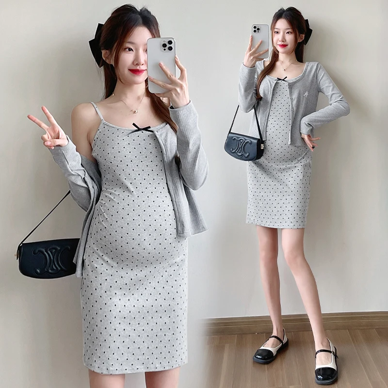 2026 봄 임부복 세트 그레이 긴팔 가디건+폴카 도트 스트랩 드레스 임산부 의류 세트