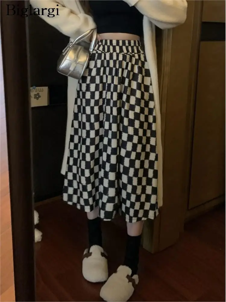 

Plaid Print Autumn Winter Long Skirt Women Vintage Modis Korean Loose Ruffle Pleated Ladies Skirts High Waist A-Line Woman Skirt