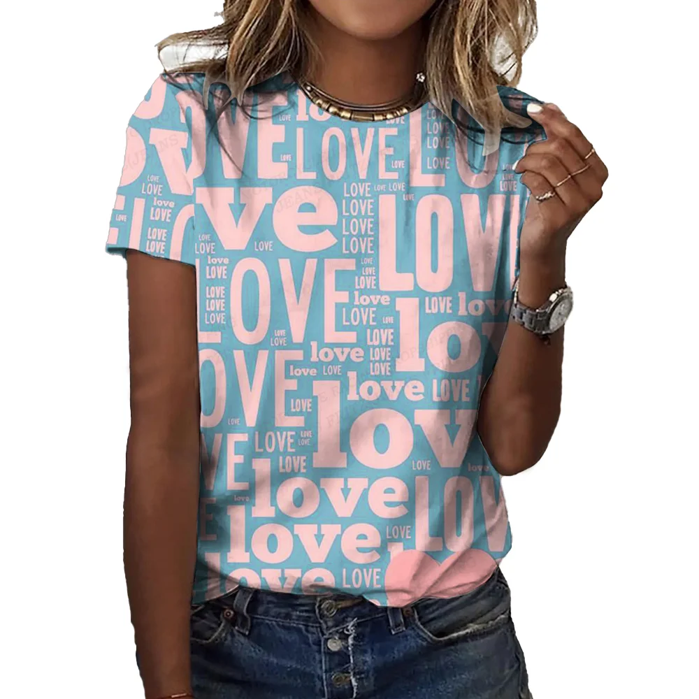 

Casual Street Hot Sale Everyday Crewneck Short Sleeve Woman's Top 2023 Summer Love Love Pattern Fashion Woman Oversized T-shirt