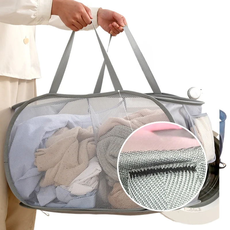Mesh Foldable Laundry Basket 2or3 Compartments Pop Up Thicken Hamper with Handles Mesh Laundry Hamper for Travel Bathroom