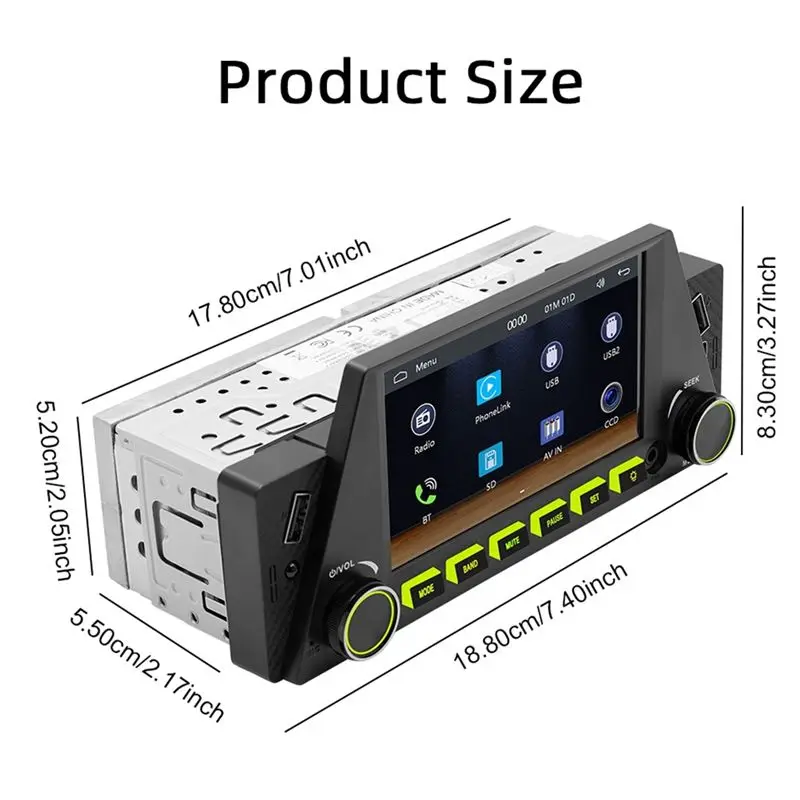 A95E-1 Din 4.7인치 차량용 라디오 무선 카플레이 안드로이드 오토 미러링크 RGB BT USB 타입-C 충전 FM 스테레오 후방 카메라