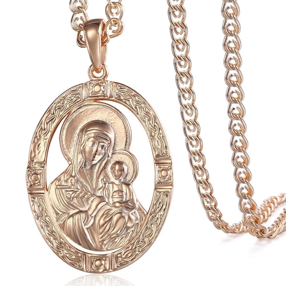 

Virgin Mary Pendant 585 Rose Gold Color Necklace For Women Men Prayer Jesus Charm Snail Link Chain 50cm Jewelry Gifts GP194