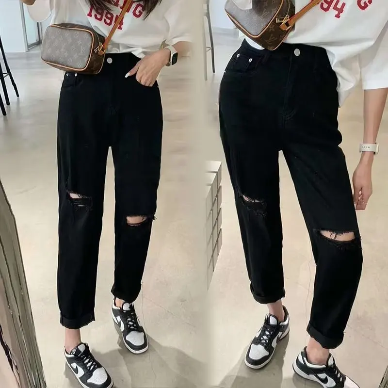 High Waist Ripped Denim Jeans Women's Summer Thin Large Size Loose Slimming Elastic Nine Point Smoking Straight Leg Pants