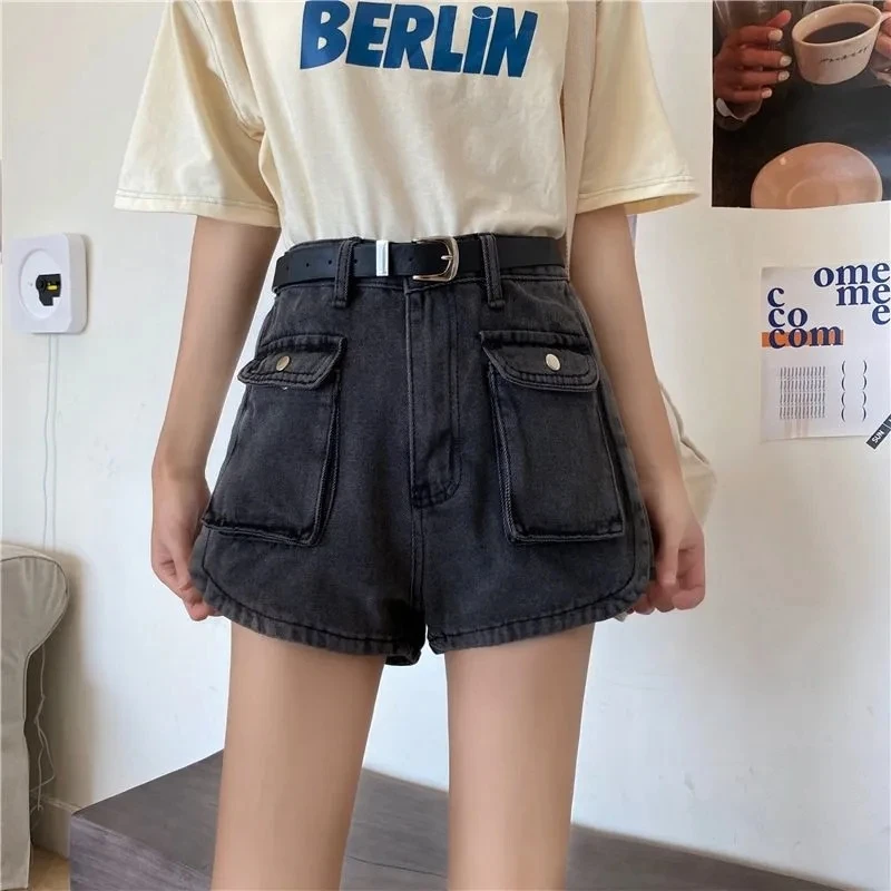 Women's Retro Denim Shorts Summer Fashion Slimming Workwear Pocket High Waist Wide Leg Korean Loose Short Hot Pants For Women