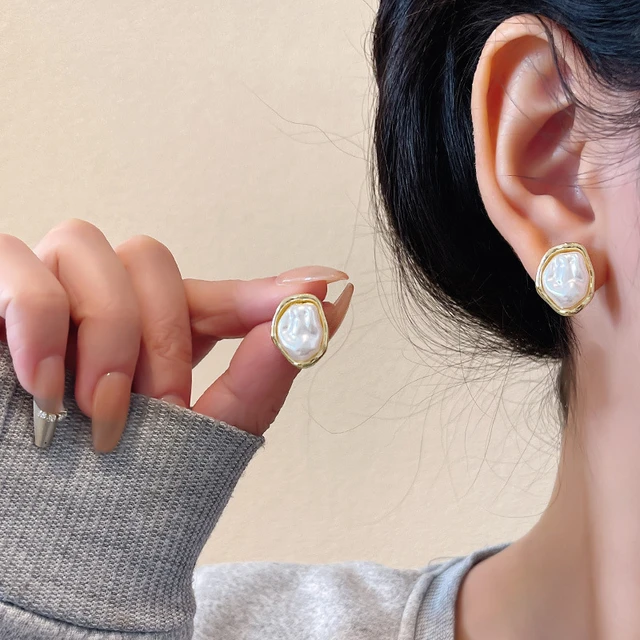 86814-05cac5.jpg Boucles d'oreilles en perles baroques irrégulières pour femmes, exquises, Vintage, Style français, couleur or, bord en métal, accessoire de bijoux