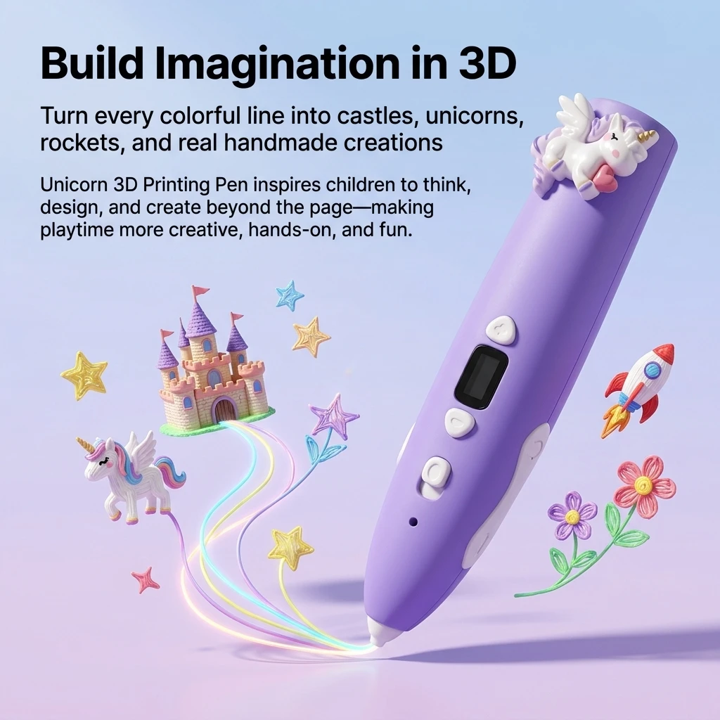 유니콘 저온 3D 프린팅 펜 어린이용 안전 3D 드로잉 펜 LED 디스플레이 USB 충전 25M PCL 필라멘트 장난감