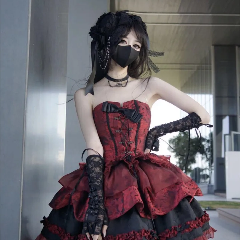

Ballet dark design jacquard bodice waist slimming puffy sleeve dress