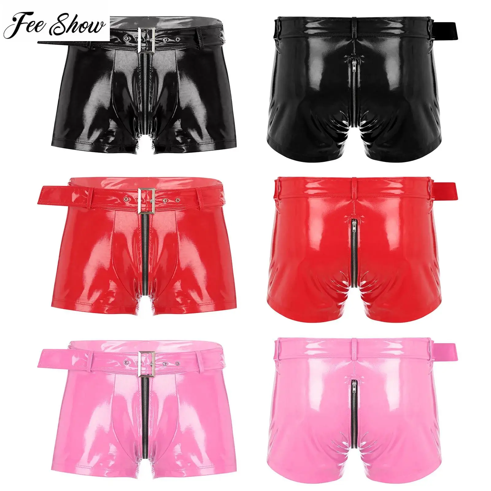 

Mens Wet Look PU Leather Boxer Shorts with Waist Belt Double-End Zipper Openable Cortch Sexy Panties Nightclub Clubwear