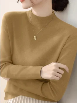 المرأة بلون محبوك البلوفرات الياقة المدورة سترة المرأة 2025 موضة تمتد القمم كم طويل قاعدة طبقة سترة 4