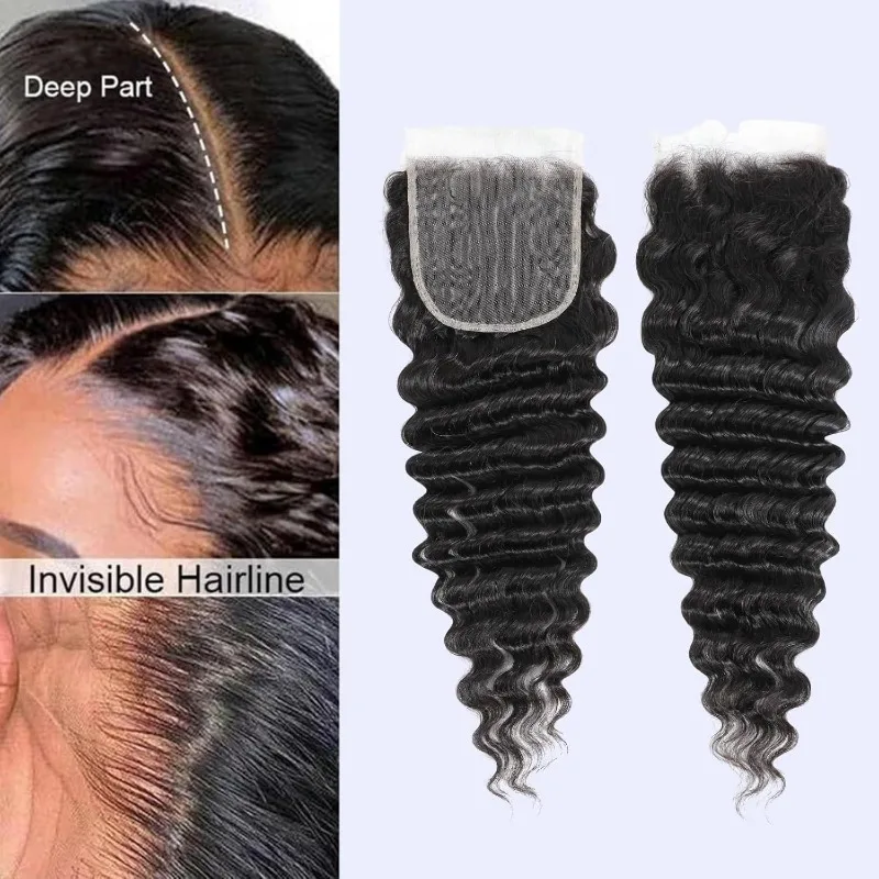 5x5 Lace Closure Deep Wave Human Hair Pre-Plucked Hairline Brazilian Virgin Hair Transparent Lace Closure For Black Women