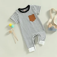 2023-02-22 Lioraitiin 0-18M Newborn Baby Boys Summer Jumpsuit Round Neck Contrast Color Short Sleeve Striped Romper 4