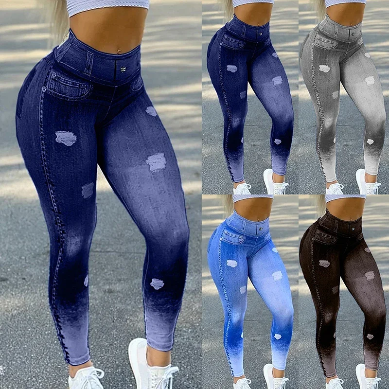 

2023 New High Waist Faux Denim Jean Leggings Slim Elastic Seamless Skinny Pencil Pant Female Workout Running Leggings Dropship