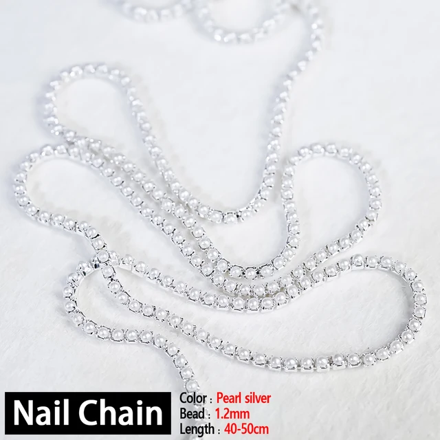 Nail Chain 0.8mm/1.0mm/50cm Rose Gold Silver Pixie Stone Decorations Accessory Metal Steel Ball Chain Nail Art Jewelry Pearl silver