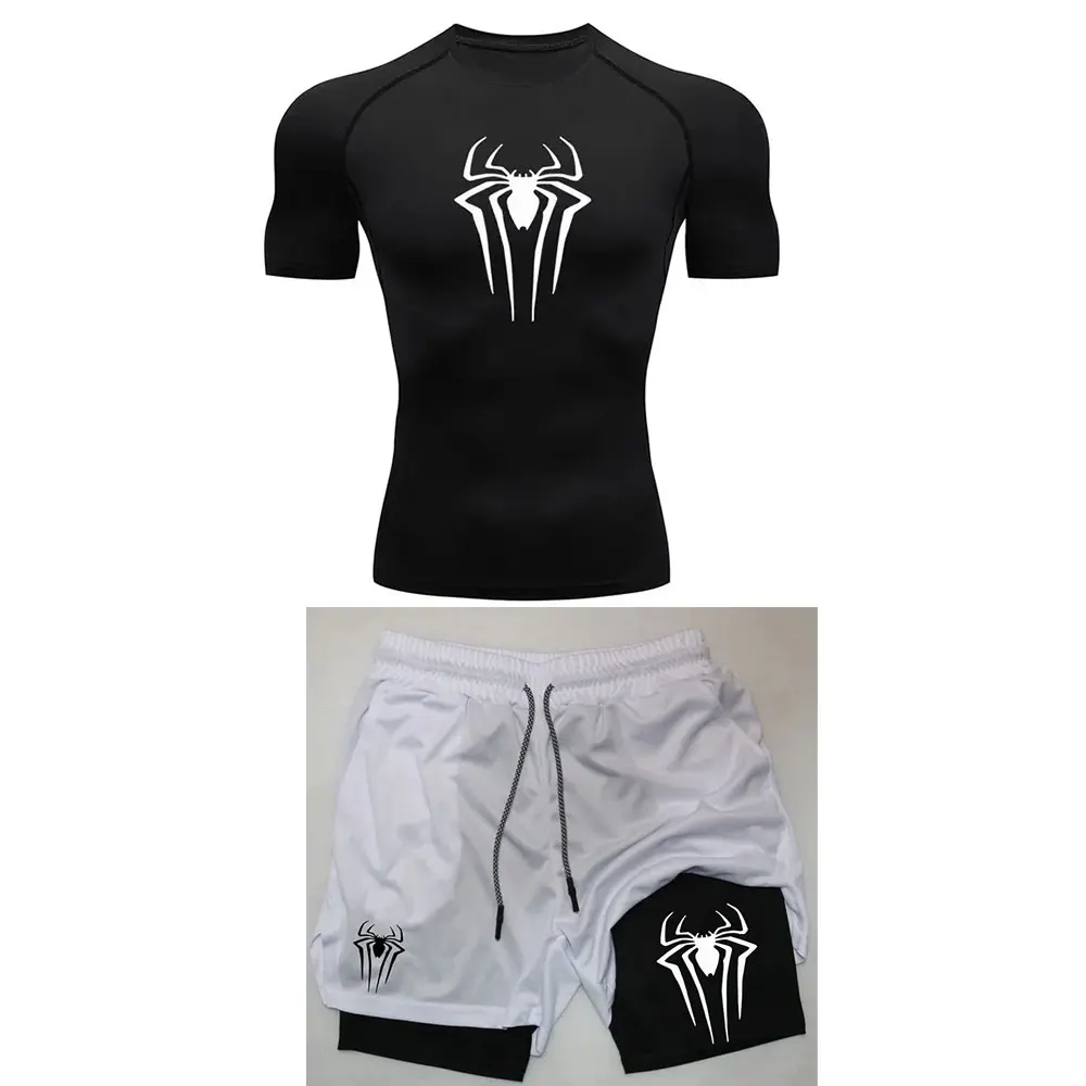 Men's Workout Compression Set Y2K Spider Printed Gym Tshirts Breathable Running Shorts Quick Dry Sports Rash Guard Sportwear Set sports shorts sports suit