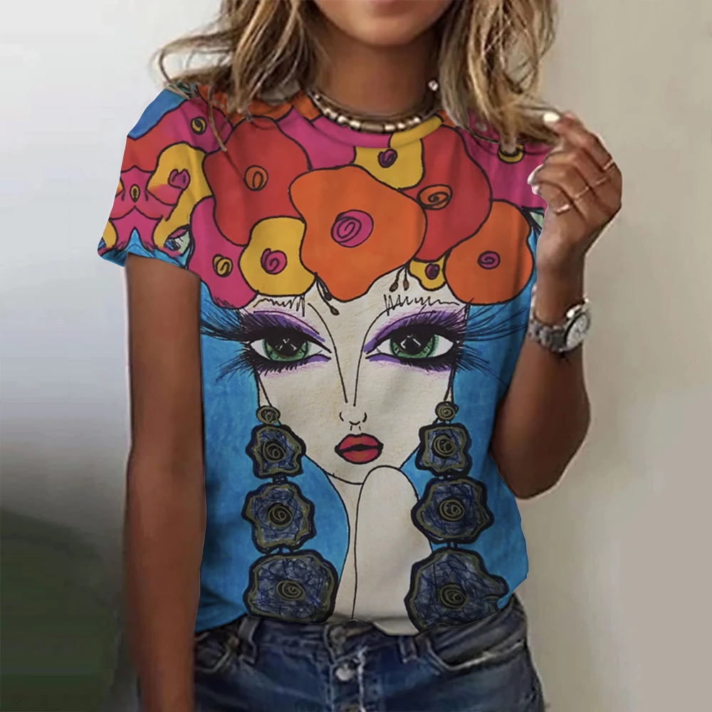 Dam t-shirt för sommar med 3d blommig tryck oversized topp_voghion.com