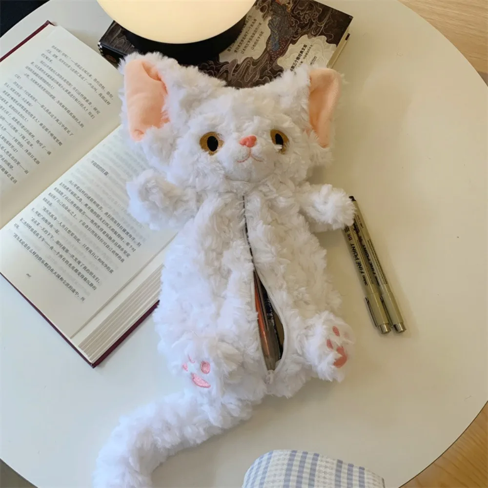 Kawaii Long Tail Cat Doll Pencil Bag Plush Simulated Cat Doll Stationery Bag Large Capacity Cartoon Cat Pen Pouch School