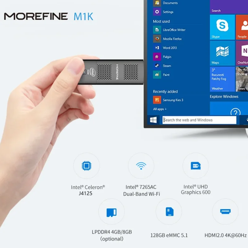 MOREFINE M1K intel N5000 PC de poche Win 11 LPDDR4 8GB 128GB/256GB SSD WIFI5 BT4.2 intel UHD graphiques 4K HD affichage Mini PC Stick