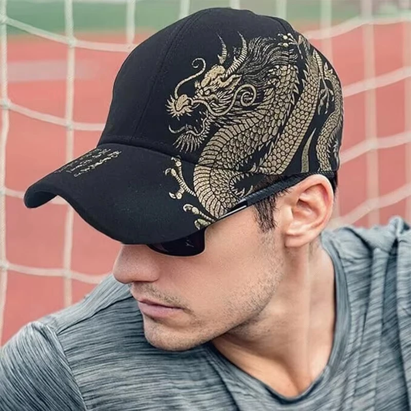 Baseballkappe mit goldenem Drachen-Aufdruck im chinesischen Stil für Männer und Frauen, verstellbares Design, leicht, atmungsaktiv und cool
