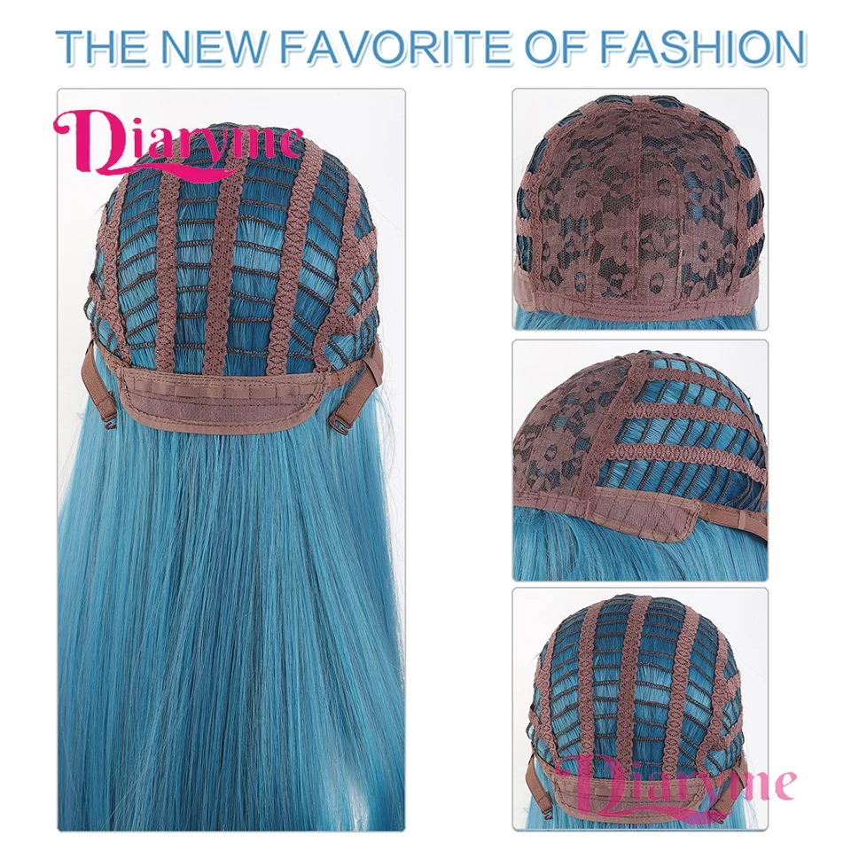 Long Silky Straight Synthetic Wig with Bangs Blue Green Cosplay Party Lolita Daily Wigs for Women Natural Heat Resistant Wigs