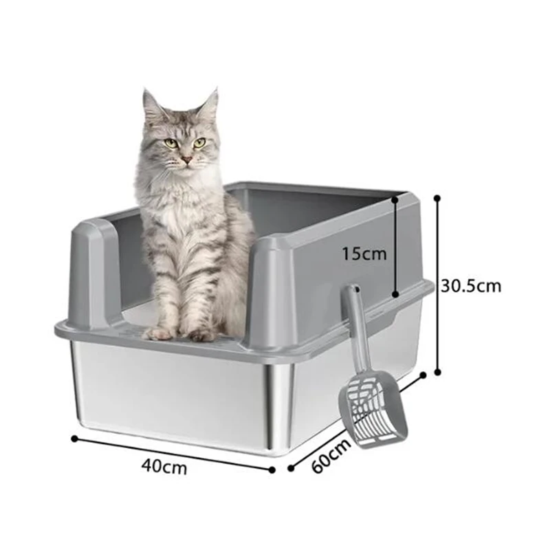 

Litter Box Oversized Stainless Steel Open Cat Toilet Anti-Splash Extra Large Cat Poop Basin Cat Litter Box Enclosure Cat Box