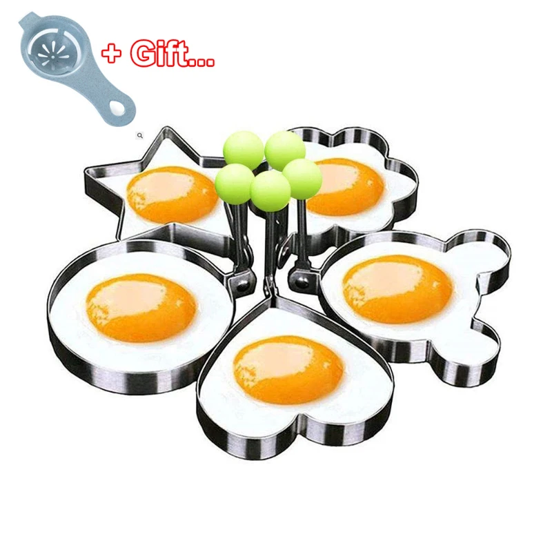 5pcs Egg Mold Ring Stainless Steel Round/Heart/Flower/Five-Pointed Star and Mickey Mouse Shaped Egg Mold Ring Kitchen Utensil Kitchen