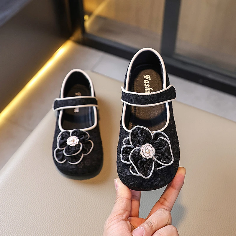 Girl's Mary Janes Spring Flower Pu Leather Matte Sweet Children Leather Shoe 26-36 Two Colors Chic Shallow Kids Flat Shoe21-35
