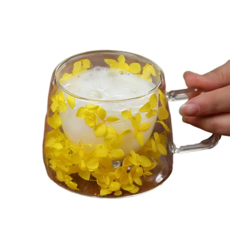 Drinking Glass 200ml Flower Coffee Mug Cup Spring Coffee Mugs Dried Flower Decorated Cup Real Glass Glasses Tea