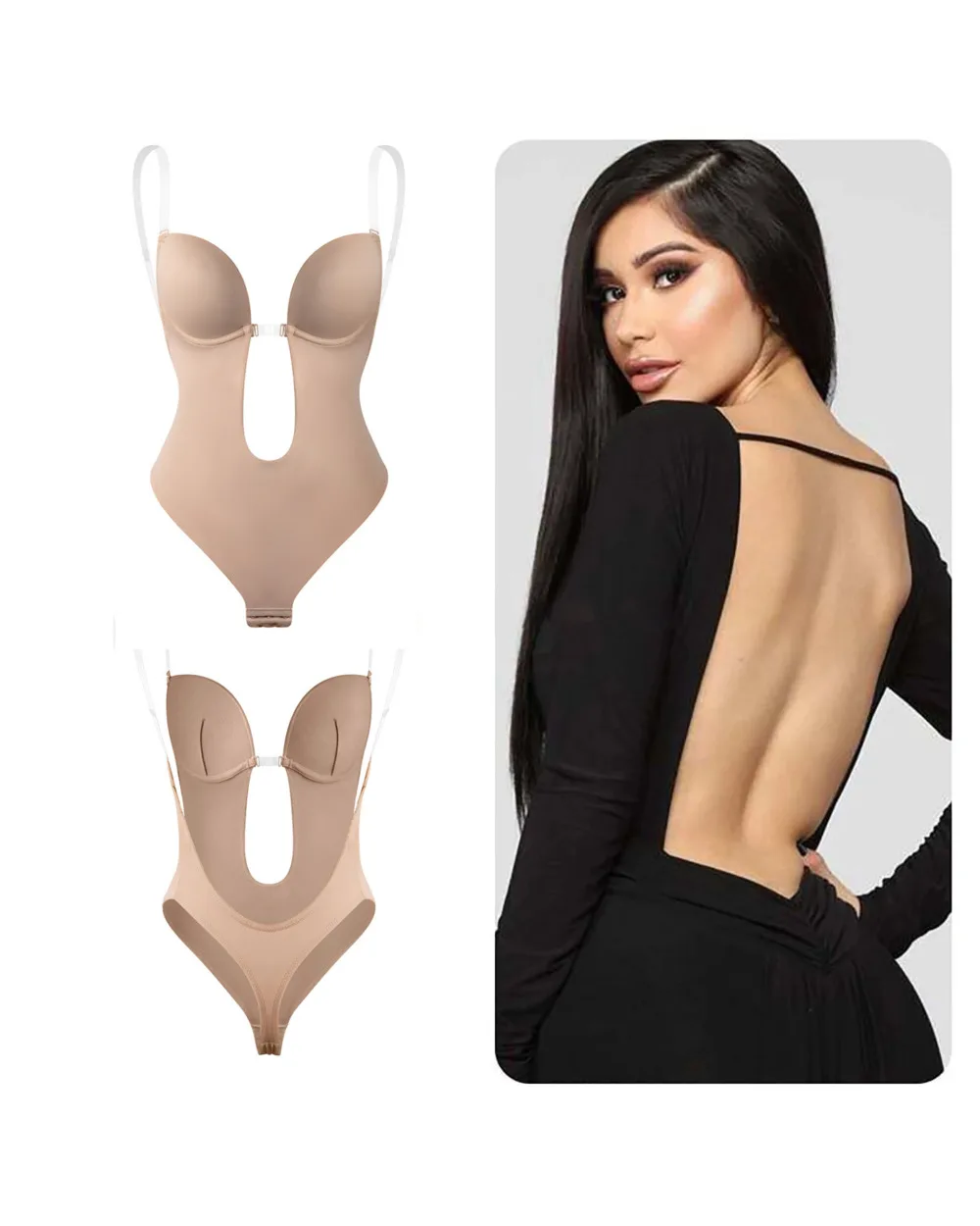 Bodysuit Shapewear Deep V-Neck Body Shaper Backless U Plunge Thong