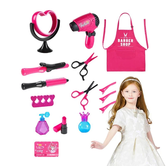 Toddler Girls Beauty Hair Salon Toy Kit, Pretend Makeup Toy Kit with Carrying Case, Hairdryer, Mirror & Other Accessories for Kids, 17 Piece Set, Pink