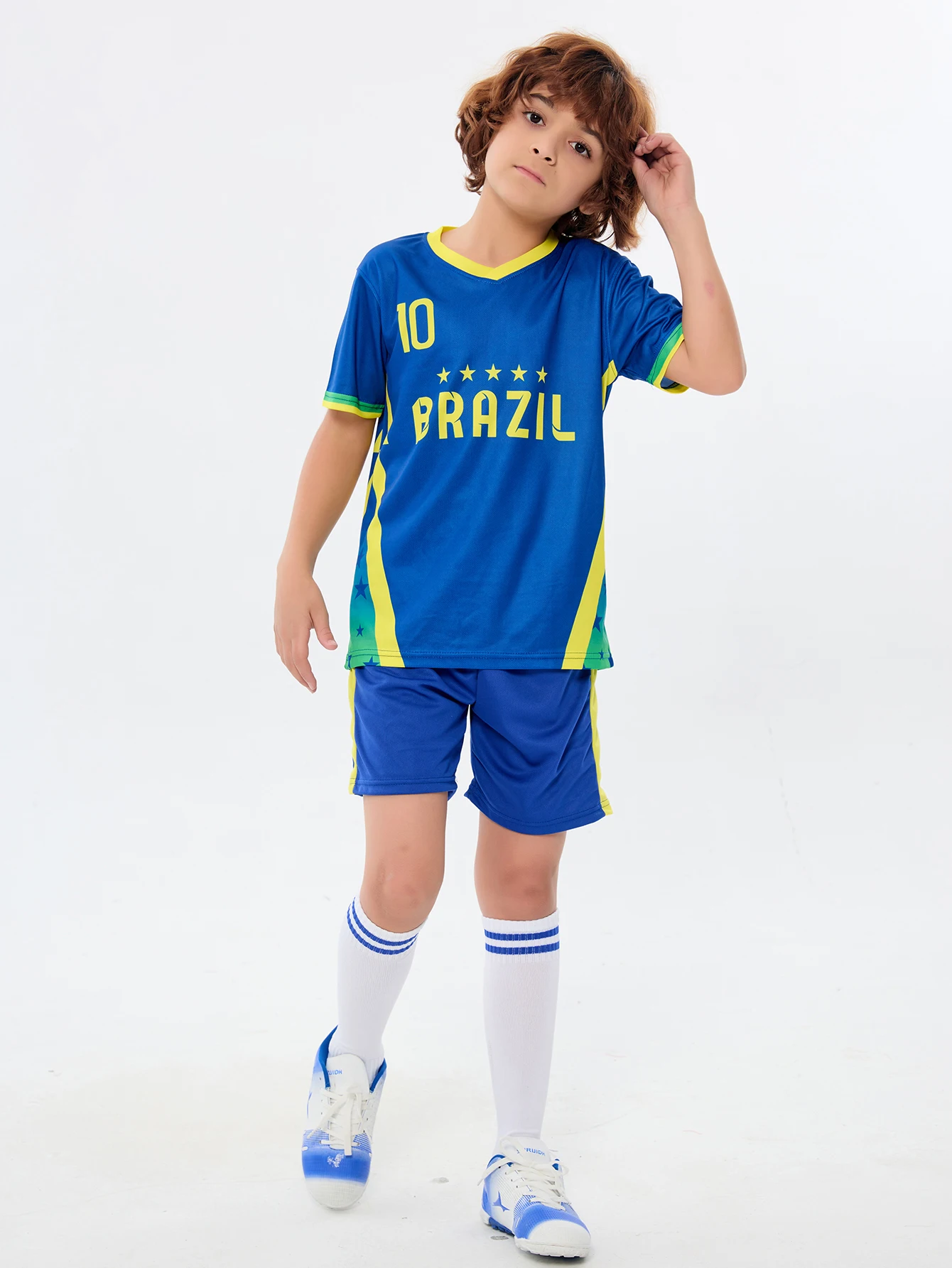 Colorful Summer Soccer Jersey Set for Kids - Yingruida Blue Brazil Away Design