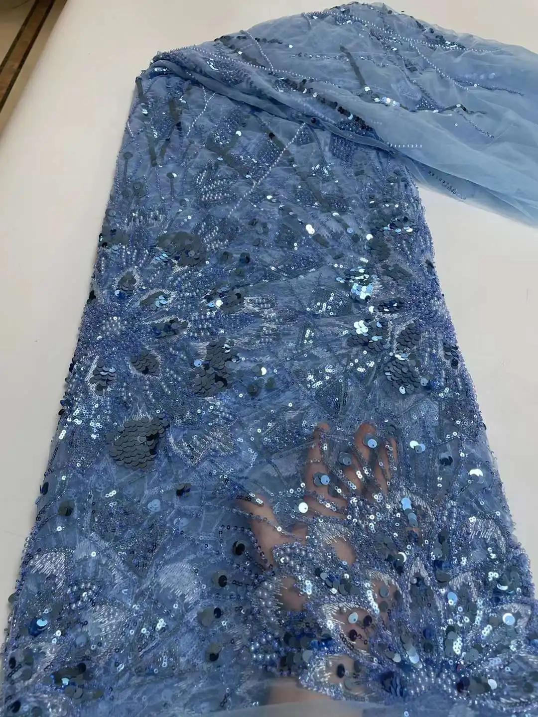 Nigerian Lace Fabric 2023 High Quality Embroidery African Orange Beads Sequins Tulle Latest French Lace Fabric For Wedding Party