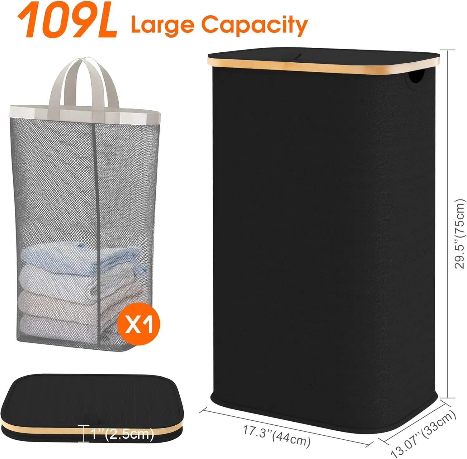 Laundry Hamper with Lid, Large Basket for Laundry, 150L Laundry Hamper with 2 Sections, Removable Inner Bags, Handles, Dirt
