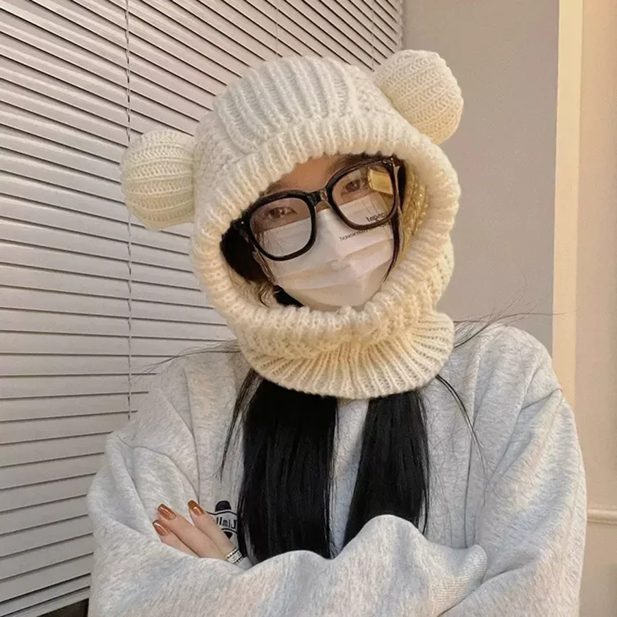 

Korean Version Cute Little Bear Ear Skullies Beanies Hat for Women Autumn and Winter Warm Bonnet Hat Girls Lovely Plush Caps